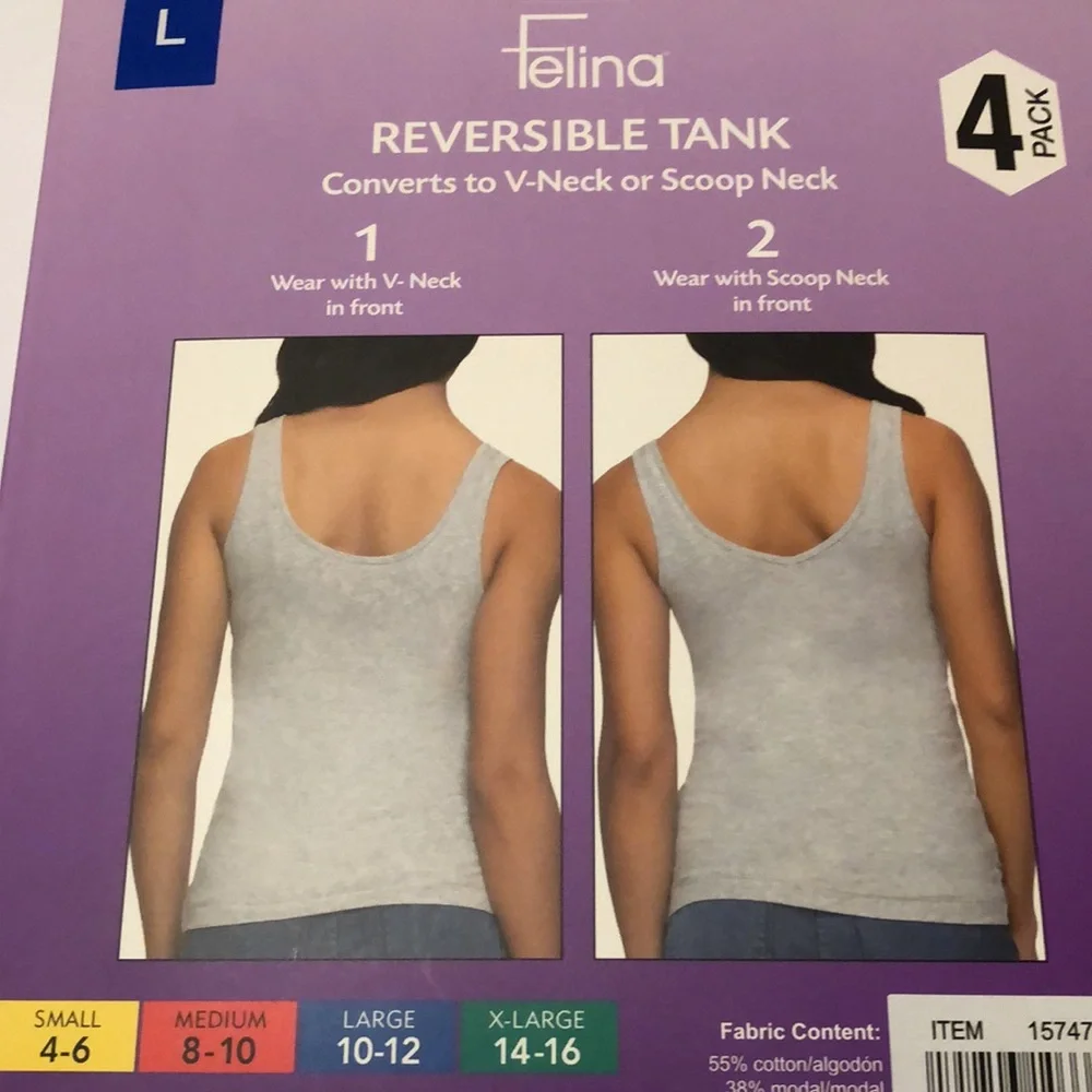 Felina Reversible Tank Top 4-Pack - pale aqua, light gray, navy, purple, size L - Picture 2 of 2
